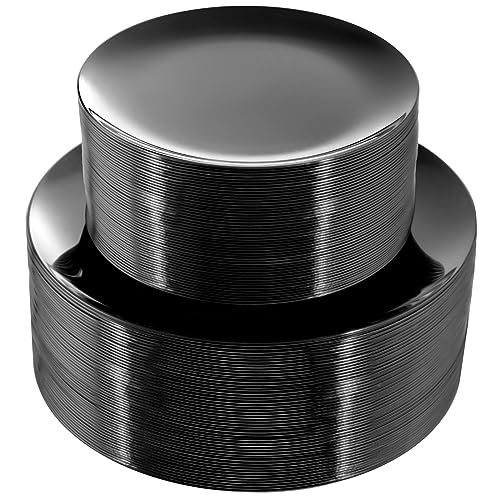 PULOTE 100PCS Black Plastic Plates Disposable Premium Heavy Duty 50 Black Dinner 50 DessertSalad Plates Ideal for Party Halloween
